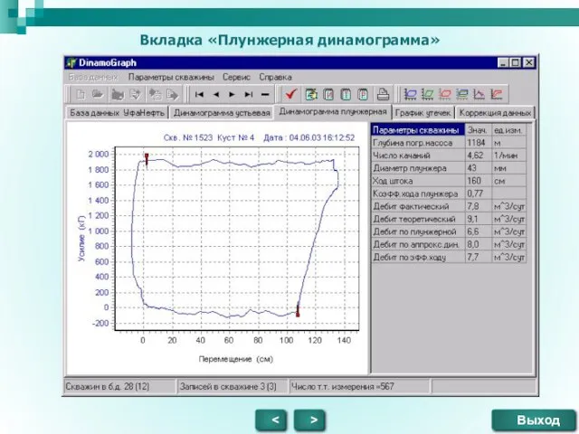 Вкладка «Плунжерная динамограмма» > Выход