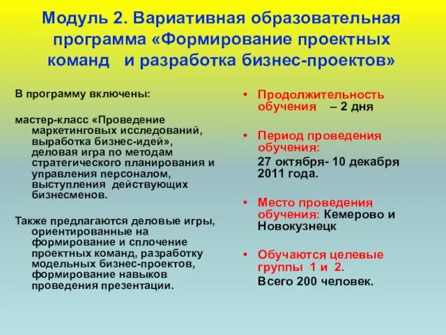 Модуль 2. Вариативная образовательная программа «Формирование проектных команд и разработка бизнес-проектов» Продолжительность