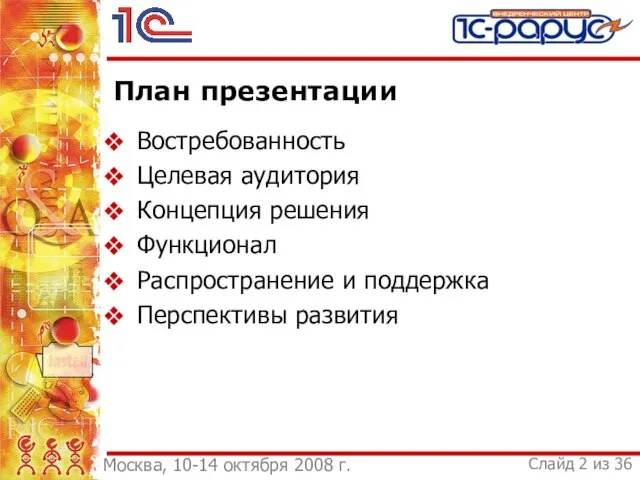 План презентации Востребованность Целевая аудитория Концепция решения Функционал Распространение и поддержка Перспективы развития