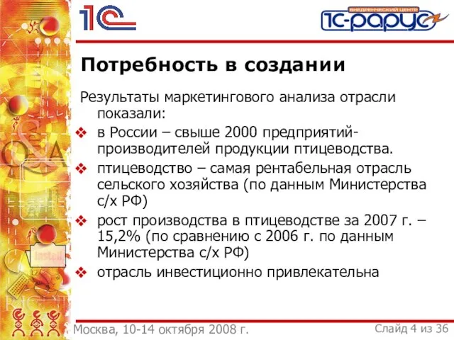 Потребность в создании Результаты маркетингового анализа отрасли показали: в России – свыше