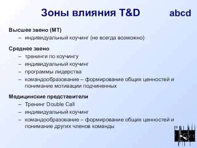 Зоны влияния T&D Высшее звено (МТ) индивидуальный коучинг (не всегда возможно) Среднее