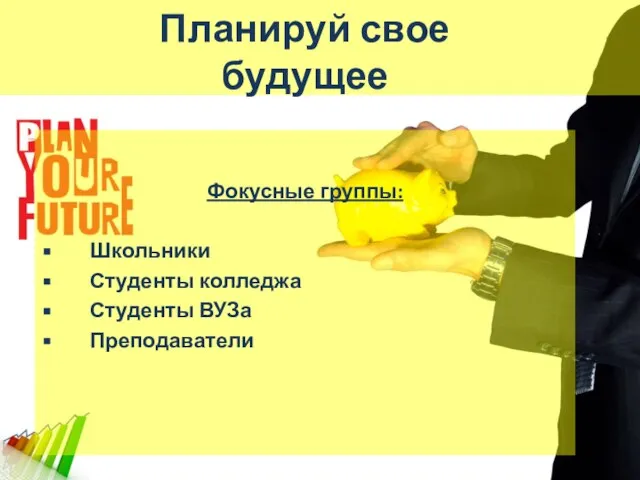 Фокусные группы: Школьники Студенты колледжа Студенты ВУЗа Преподаватели Планируй свое будущее