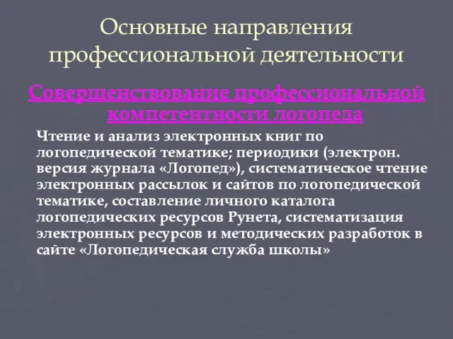 Основные направления профессиональной деятельности Совершенствование профессиональной компетентности логопеда Чтение и анализ электронных