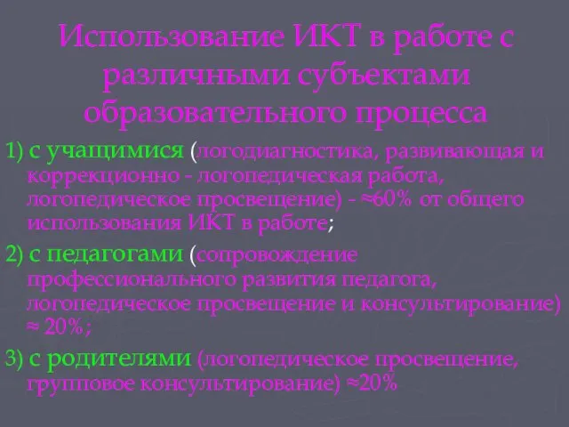 Использование ИКТ в работе с различными субъектами образовательного процесса 1) с учащимися