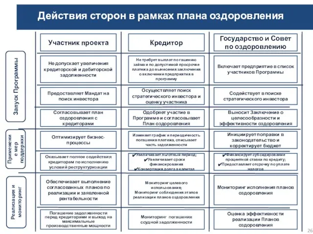 Действия сторон в рамках плана оздоровления Участник проекта Кредитор Государство и Совет