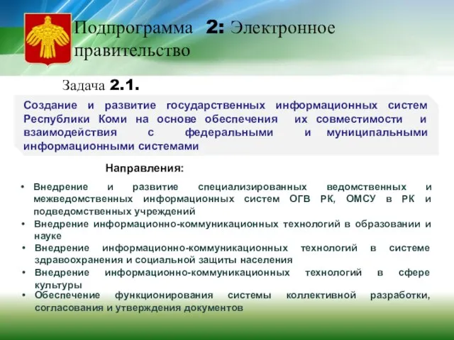 Подпрограмма 2: Электронное правительство Задача 2.1. Создание и развитие государственных информационных систем