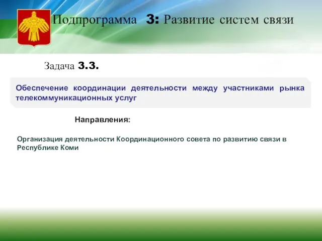 Подпрограмма 3: Развитие систем связи Задача 3.3. Обеспечение координации деятельности между участниками