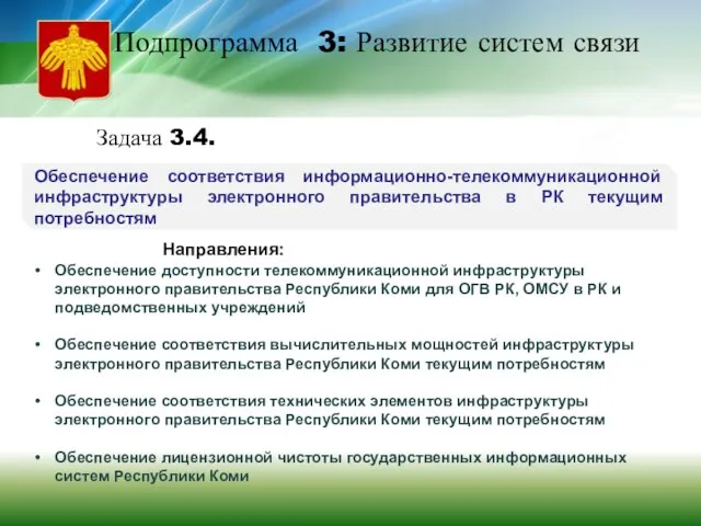 Подпрограмма 3: Развитие систем связи Задача 3.4. Обеспечение соответствия информационно-телекоммуникационной инфраструктуры электронного