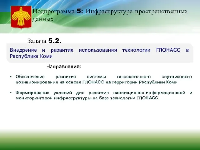 Подпрограмма 5: Инфраструктура пространственных данных Задача 5.2. Внедрение и развитие использования технологии