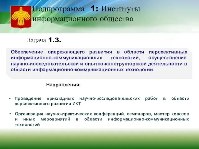 Подпрограмма 1: Институты информационного общества Обеспечение опережающего развития в области перспективных информационно-коммуникационных