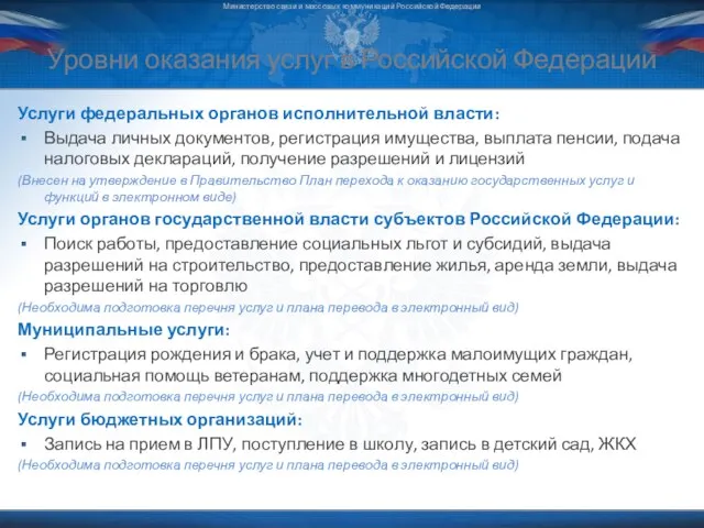 Уровни оказания услуг в Российской Федерации Услуги федеральных органов исполнительной власти: Выдача