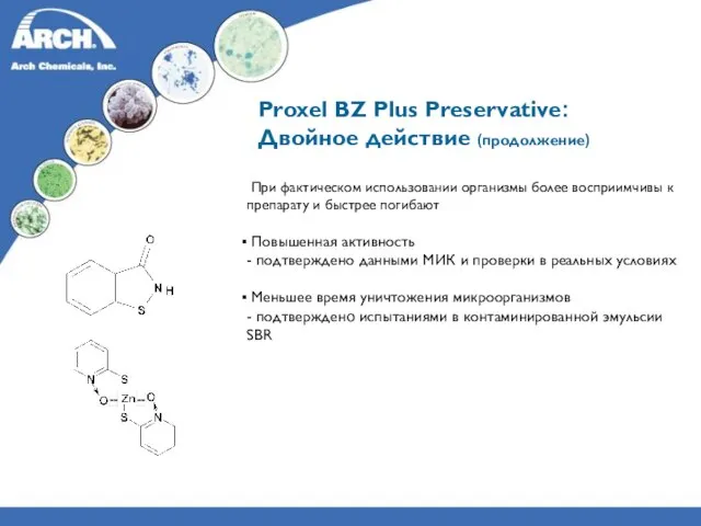 Proxel BZ Plus Preservative: Двойное действие (продолжение) При фактическом использовании организмы более