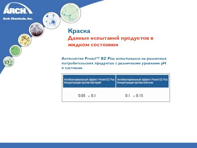 Краска Данные испытаний продуктов в жидком состоянии Антисептик Proxel™ BZ Plus испытывался