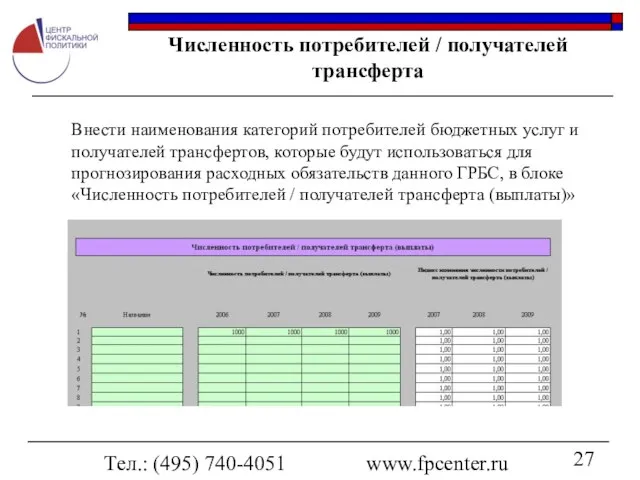 Тел.: (495) 740-4051 www.fpcenter.ru Численность потребителей / получателей трансферта Внести наименования категорий