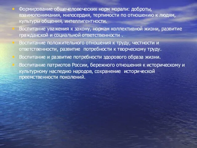 Формирование общечеловеческих норм морали: доброты, взаимопонимания, милосердия, терпимости по отношению к людям,