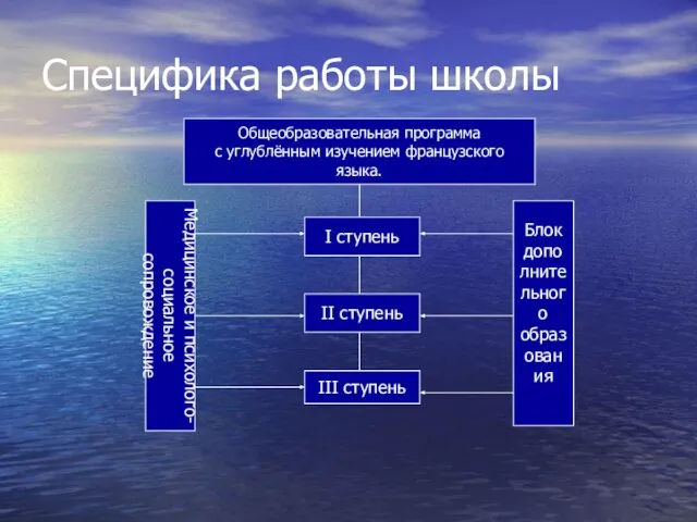 Специфика работы школы Общеобразовательная программа с углублённым изучением французского языка. I ступень