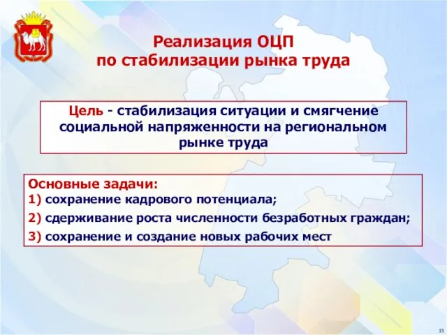 Реализация ОЦП по стабилизации рынка труда Цель - стабилизация ситуации и смягчение