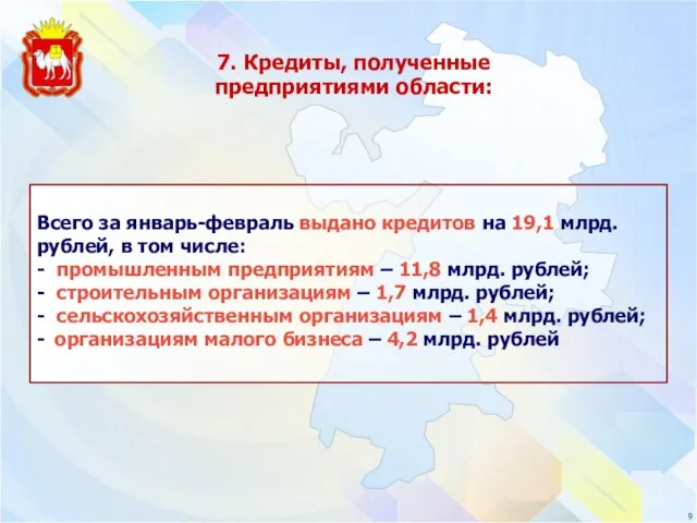 7. Кредиты, полученные предприятиями области: Всего за январь-февраль выдано кредитов на 19,1