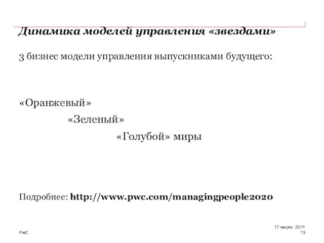 Динамика моделей управления «звездами» 3 бизнес модели управления выпускниками будущего: «Оранжевый» «Зеленый»