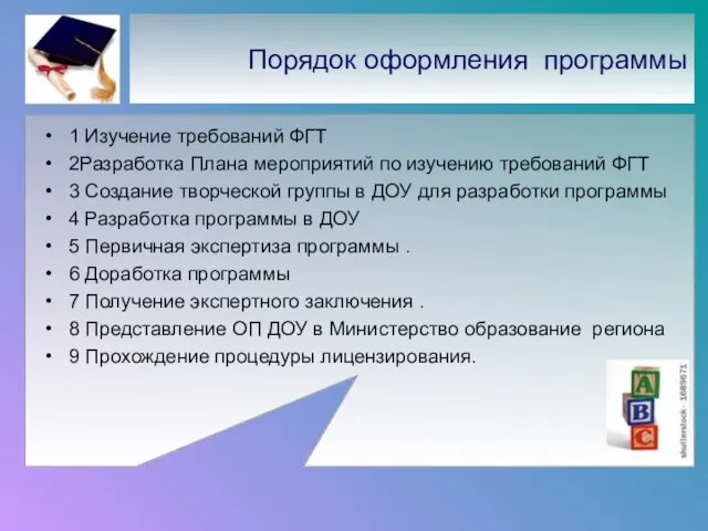 Порядок оформления программы 1 Изучение требований ФГТ 2Разработка Плана мероприятий по изучению