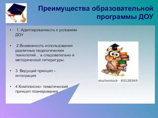 Преимущества образовательной программы ДОУ 1. Адаптированность к условиям ДОУ 2 Возможность использования