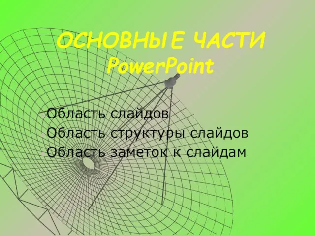 ОСНОВНЫЕ ЧАСТИ PowerPoint Область слайдов Область структуры слайдов Область заметок к слайдам