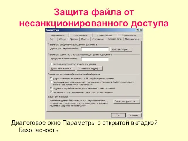 Защита файла от несанкционированного доступа Диалоговое окно Параметры с открытой вкладкой Безопасность