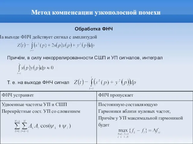 Метод компенсации узкополосной помехи На выходе ФНЧ действует сигнал с амплитудой Причём,