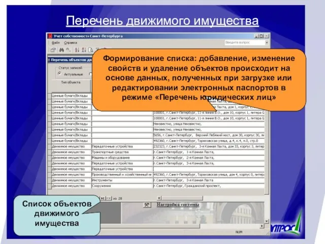 Перечень движимого имущества Список объектов движимого имущества Формирование списка: добавление, изменение свойств