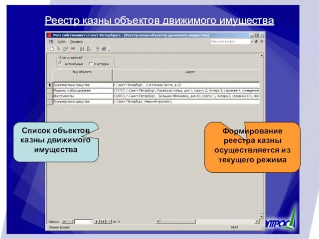 Реестр казны объектов движимого имущества Список объектов казны движимого имущества Формирование реестра