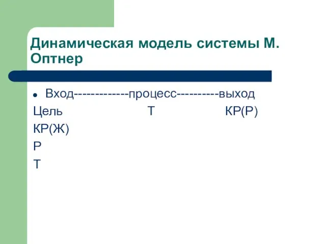 Динамическая модель системы М.Оптнер Вход-------------процесс----------выход Цель Т КР(Р) КР(Ж) Р Т