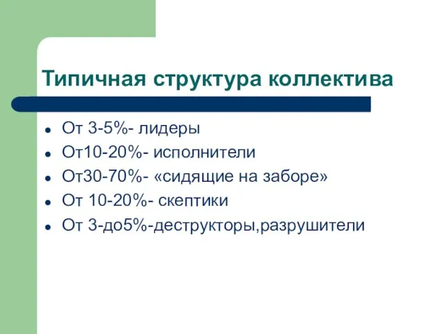 Типичная структура коллектива От 3-5%- лидеры От10-20%- исполнители От30-70%- «сидящие на заборе»