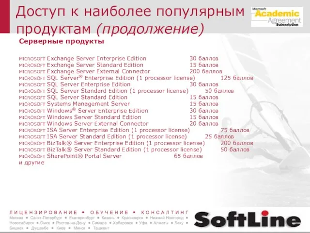 Доступ к наиболее популярным продуктам (продолжение) Серверные продукты MICROSOFT Exchange Server Enterprise