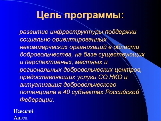 Невский Ангел Цель программы: развитие инфраструктуры поддержки социально ориентированных некоммерческих организаций в