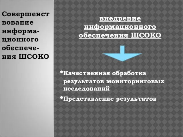 Совершенствование информа-ционного обеспече-ния ШСОКО внедрение информационного обеспечения ШСОКО Качественная обработка результатов мониторинговых исследований Представление результатов