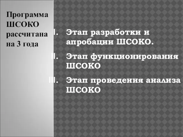 Этап разработки и апробации ШСОКО. Этап функционирования ШСОКО Этап проведения анализа ШСОКО