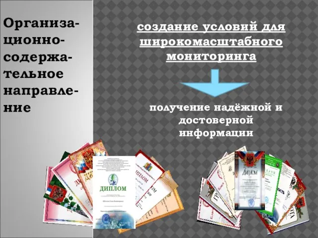 Организа-ционно-содержа-тельное направле-ние создание условий для широкомасштабного мониторинга получение надёжной и достоверной информации