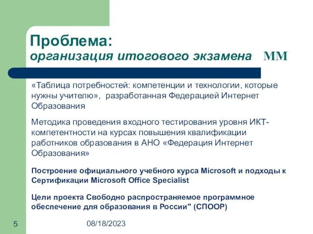 08/18/2023 Проблема: организация итогового экзамена MM Методика проведения входного тестирования уровня ИКТ-компетентности