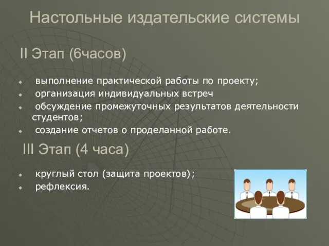 Настольные издательские системы II Этап (6часов) выполнение практической работы по проекту; организация