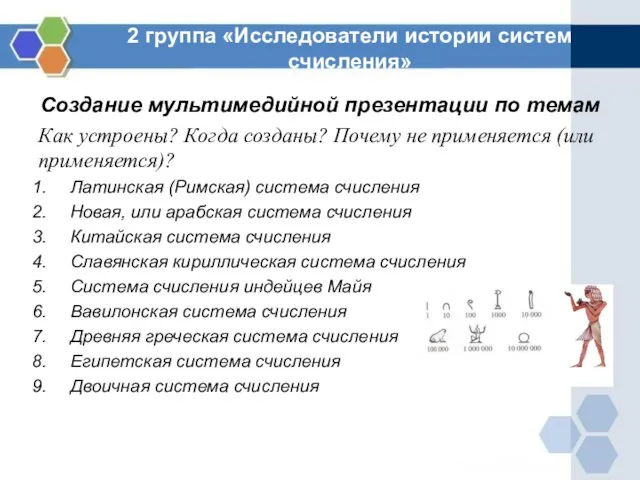 2 группа «Исследователи истории систем счисления» Создание мультимедийной презентации по темам Как