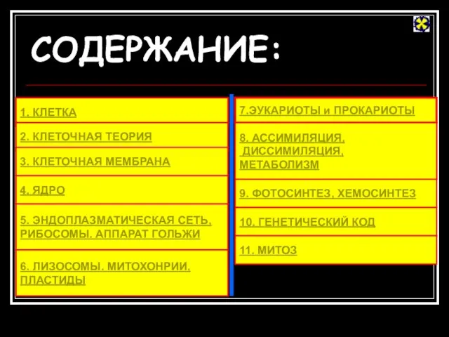 СОДЕРЖАНИЕ: 1. КЛЕТКА 2. КЛЕТОЧНАЯ ТЕОРИЯ 3. КЛЕТОЧНАЯ МЕМБРАНА 4. ЯДРО 5.