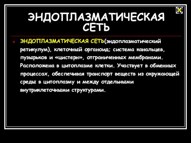 ЭНДОПЛАЗМАТИЧЕСКАЯ СЕТЬ ЭНДОПЛАЗМАТИЧЕСКАЯ СЕТЬ(эндоплазматический ретикулум), клеточный органоид; система канальцев, пузырьков и «цистерн»,