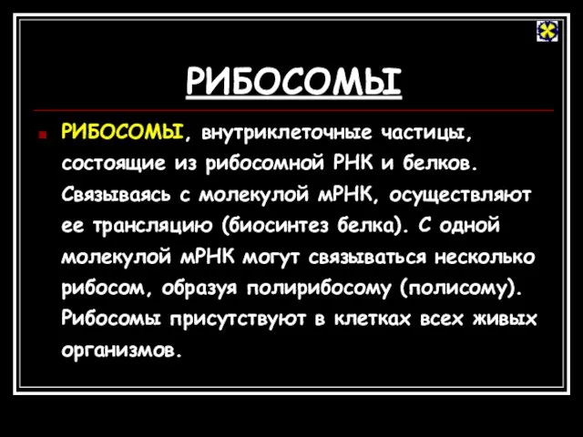 РИБОСОМЫ РИБОСОМЫ, внутриклеточные частицы, состоящие из рибосомной РНК и белков. Связываясь с