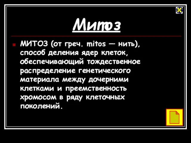 Митоз МИТОЗ (от греч. mitos — нить), способ деления ядер клеток, обеспечивающий