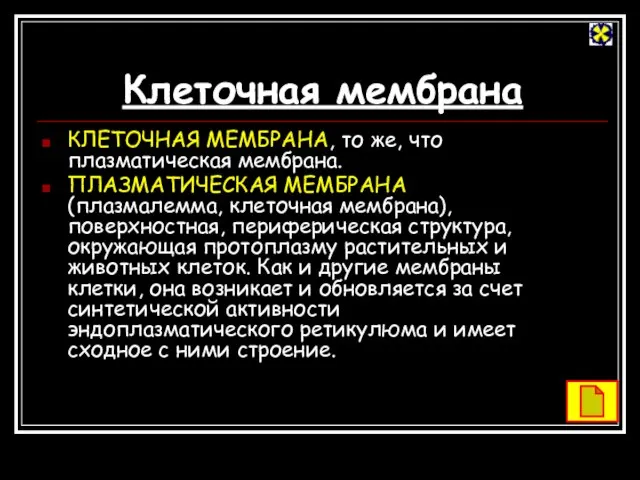 Клеточная мембрана КЛЕТОЧНАЯ МЕМБРАНА, то же, что плазматическая мембрана. ПЛАЗМАТИЧЕСКАЯ МЕМБРАНА (плазмалемма,