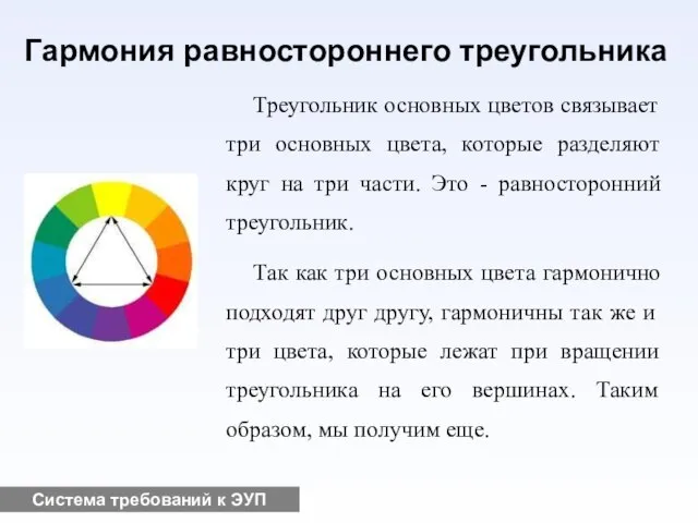 Система требований к ЭУП Гармония равностороннего треугольника Треугольник основных цветов связывает три
