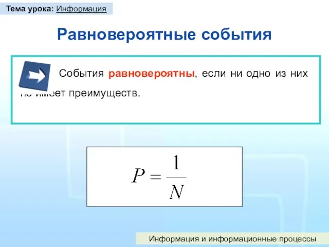 Равновероятные события События равновероятны, если ни одно из них не имеет преимуществ.