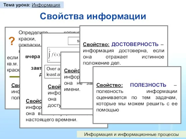 Свойства информации Тема урока: Информация Информация и информационные процессы Определите количество краски,