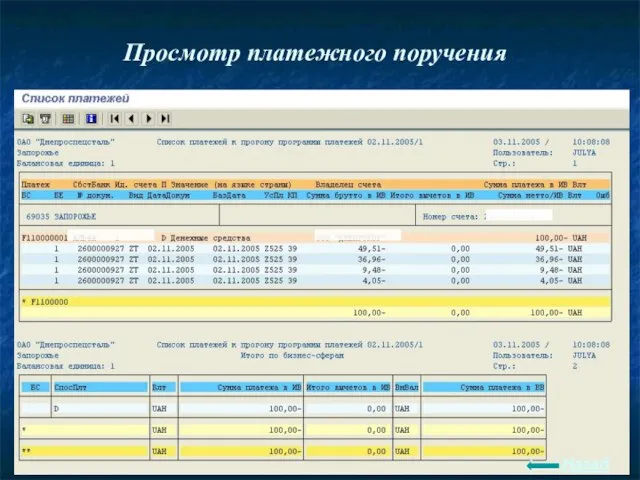 Просмотр платежного поручения Назад