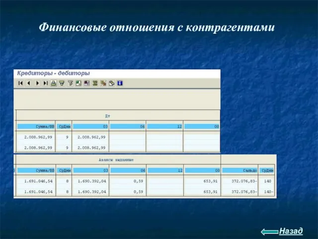 Финансовые отношения с контрагентами Назад